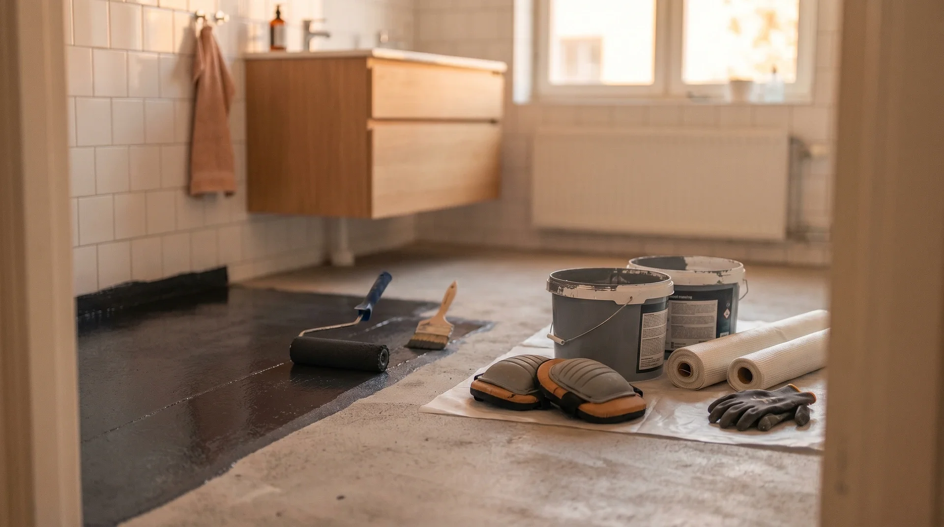 Badrumsrenovering pågår med målningsverktyg, färghinkar och skyddsutrustning på golvet.