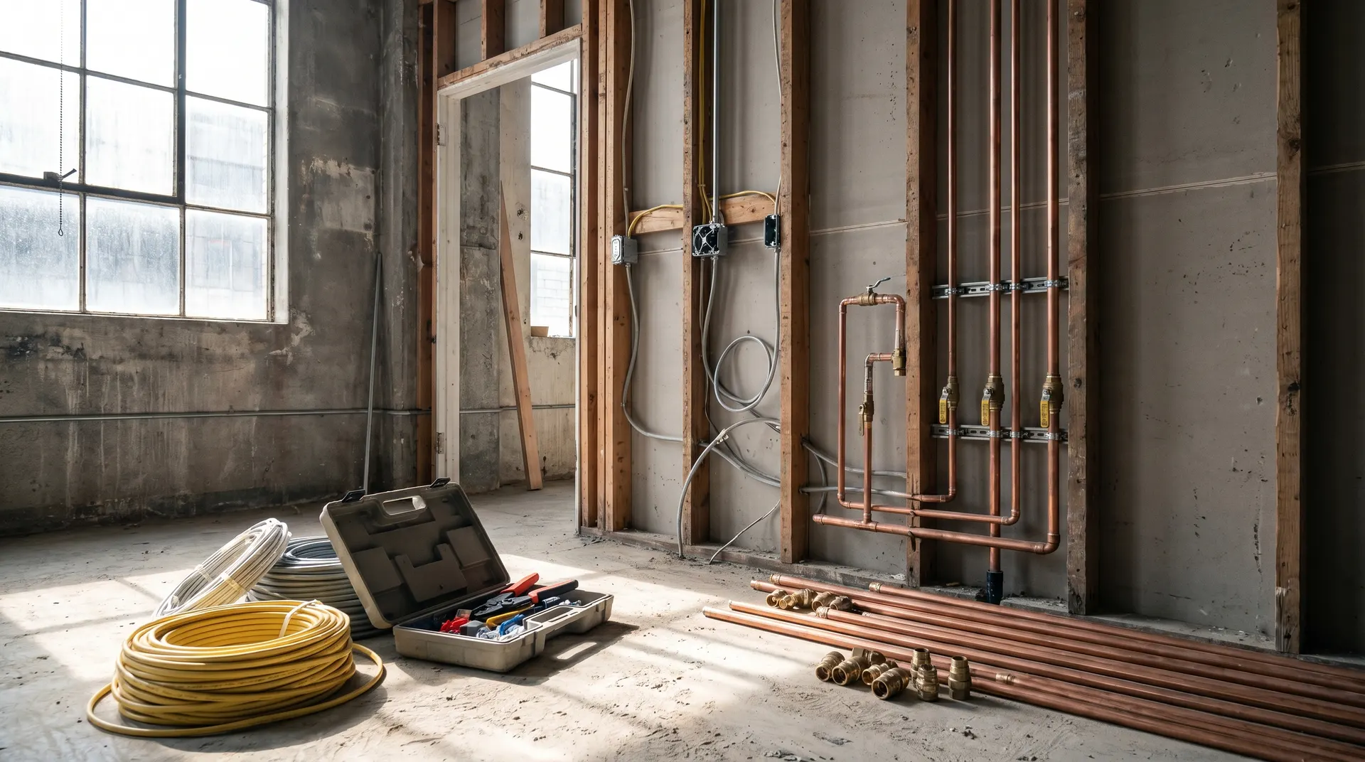 Byggnadsplats med kopparrör, verktyg och material framför ofärdig vägg med fönster.