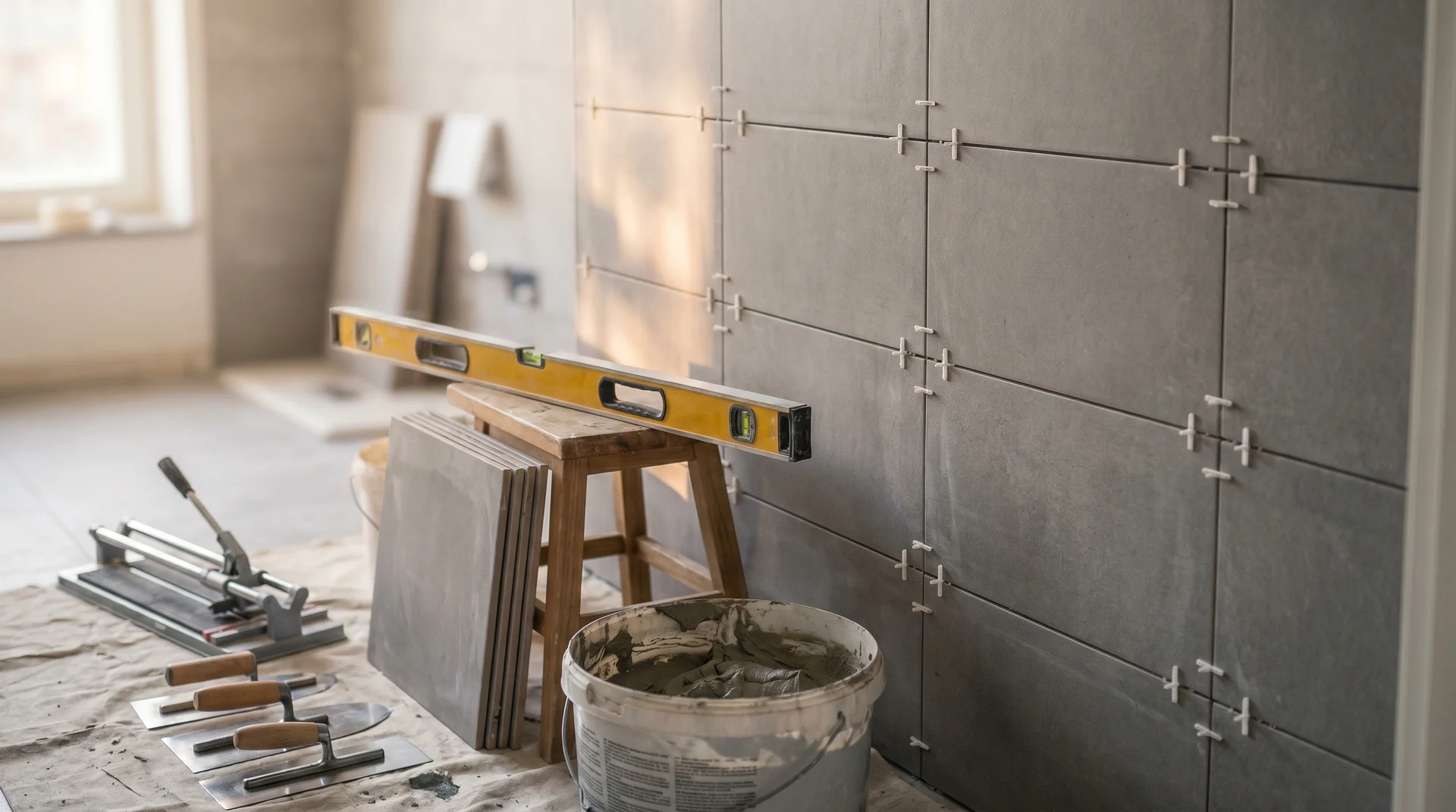 Kakelsättning pågår med verktyg och vattenpass på arbetsplatsen.