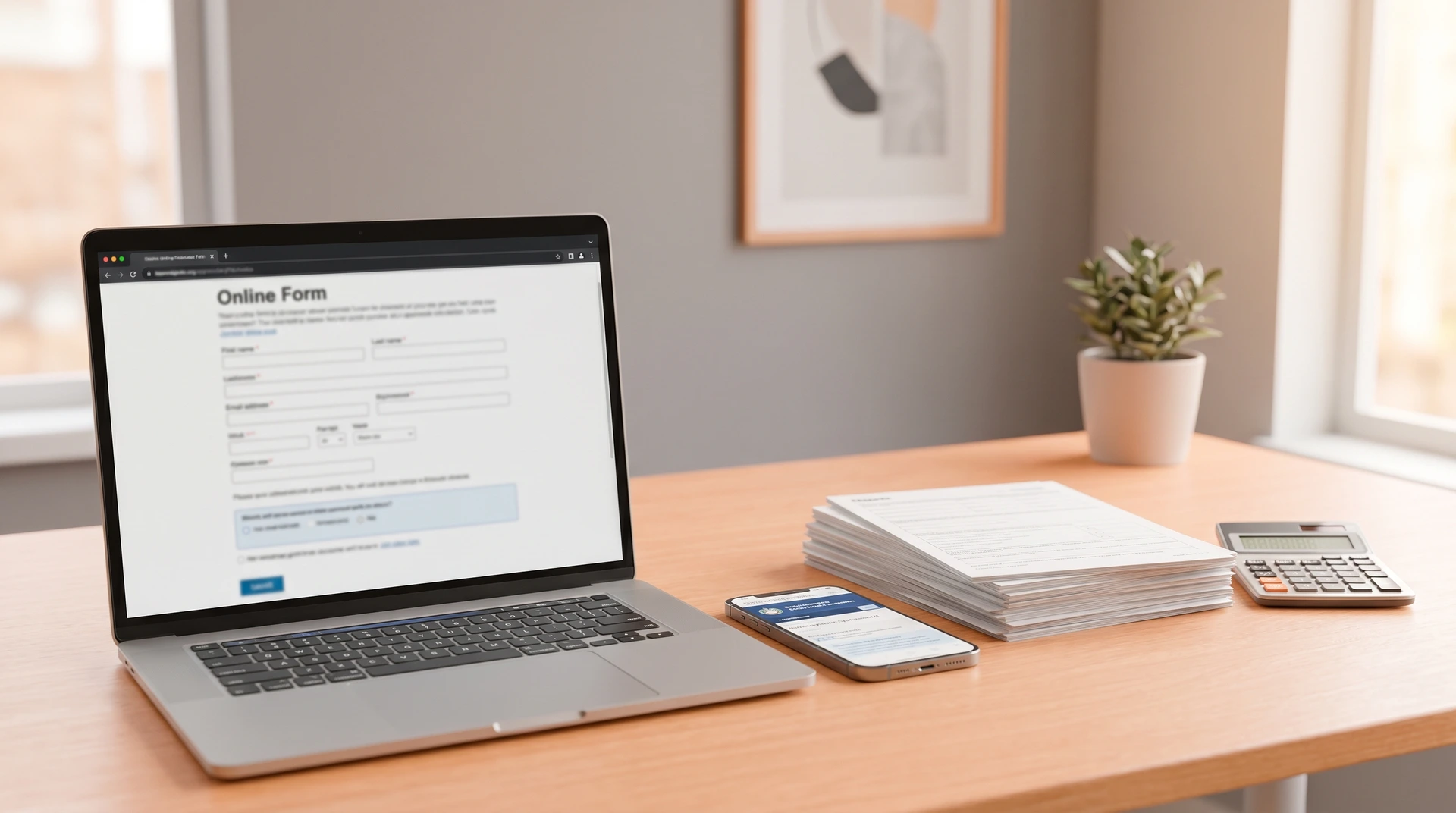 Laptop med onlineformulär på skrivbord med papper och miniräknare.