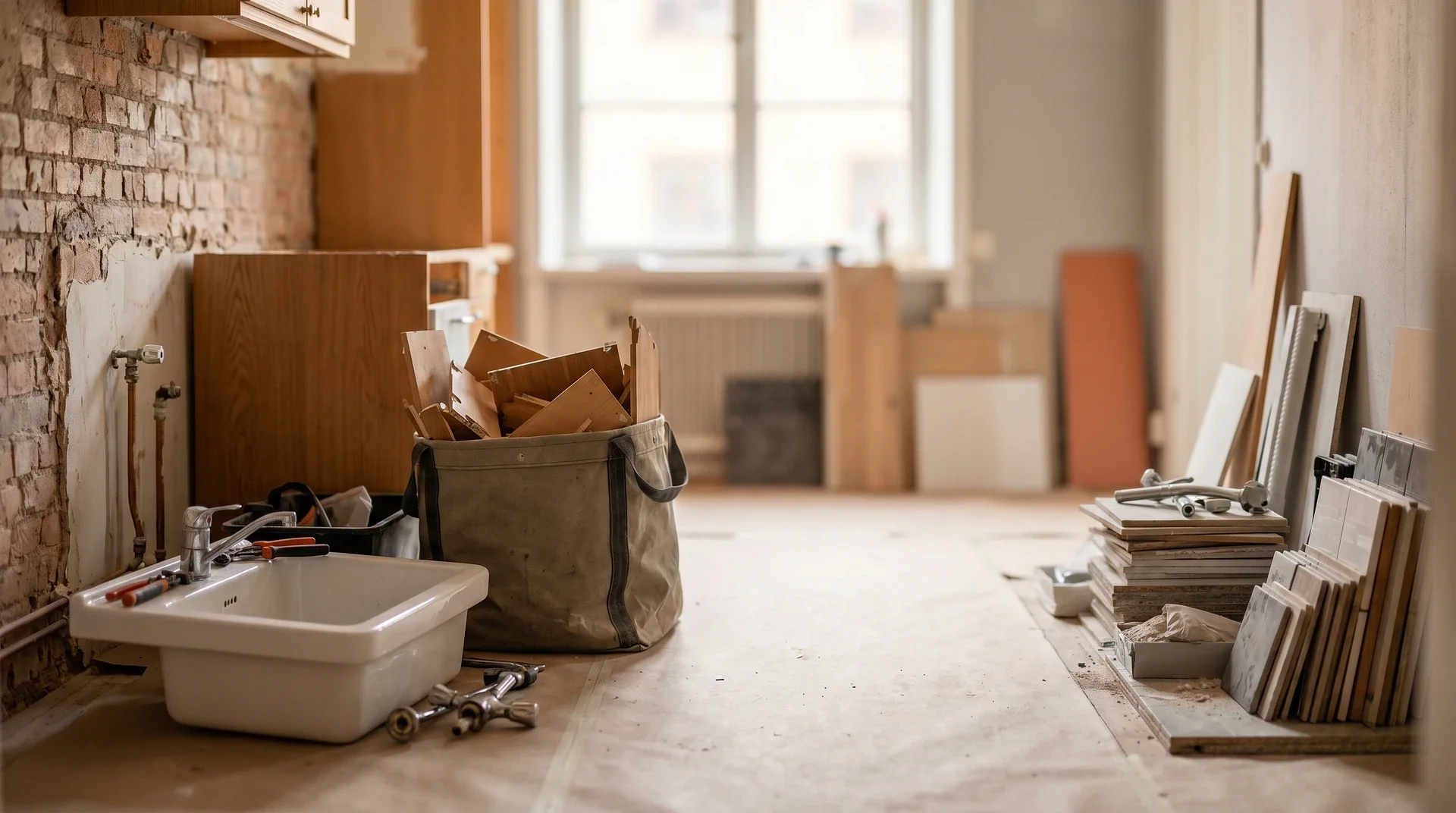 Rum under renovering med verktyg,材料 och byggmaterial på golvet.