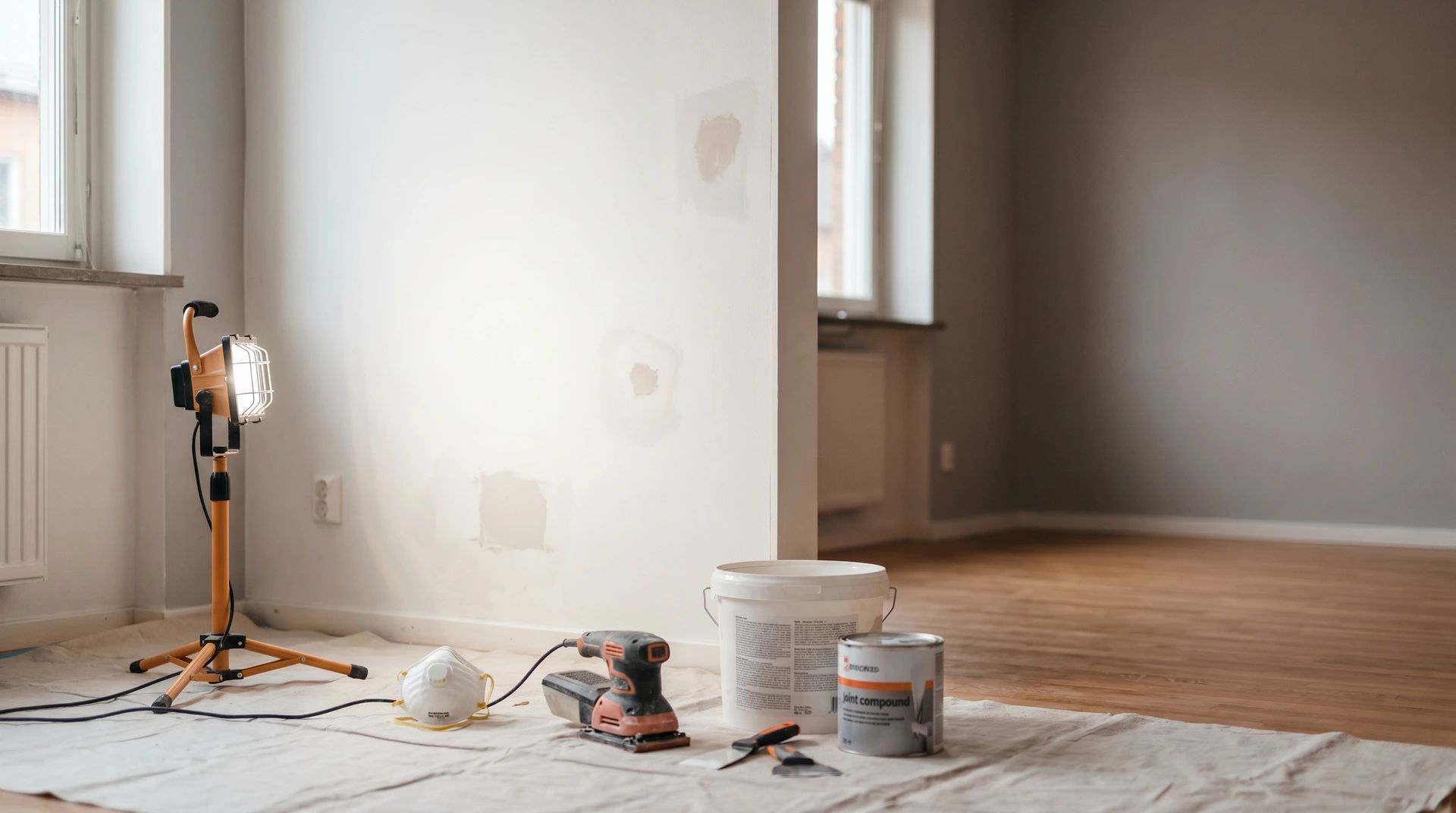 Renoveringsverktyg och material på golvet i ett tomt rum under renovering.