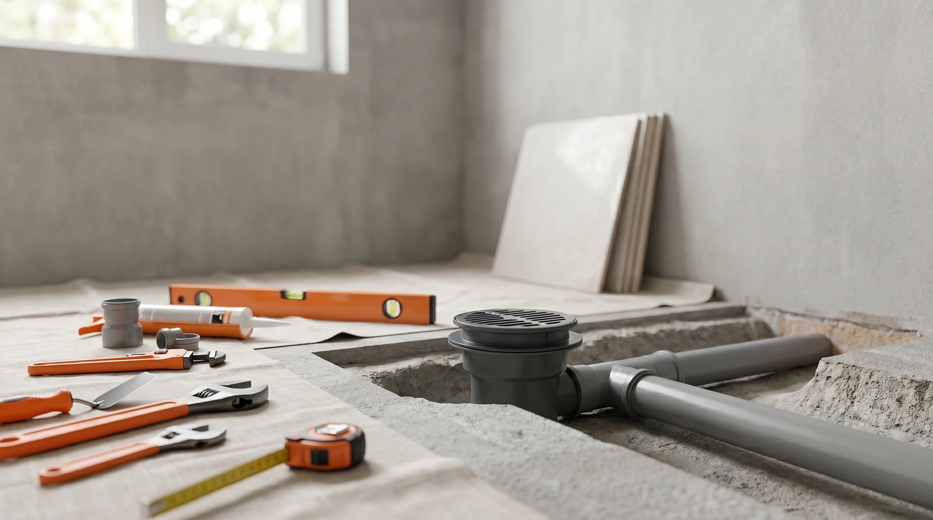 Verktyg och avloppsinstallation på badrum under renovering med kakelplattor i bakgrunden.