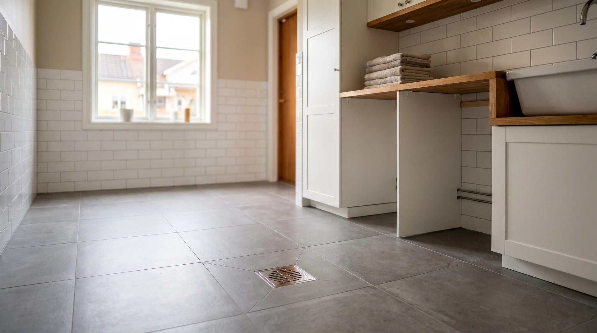 Modernt badrum med grått kakelgolv, vit kakelvägg och trädetaljer.