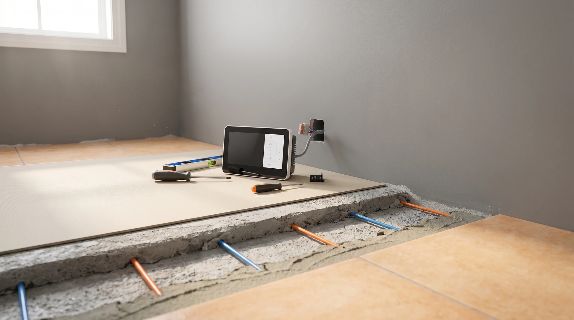Elgolvvärmesystem med rör installeras under trägolv, verktyg och surfplatta synliga.