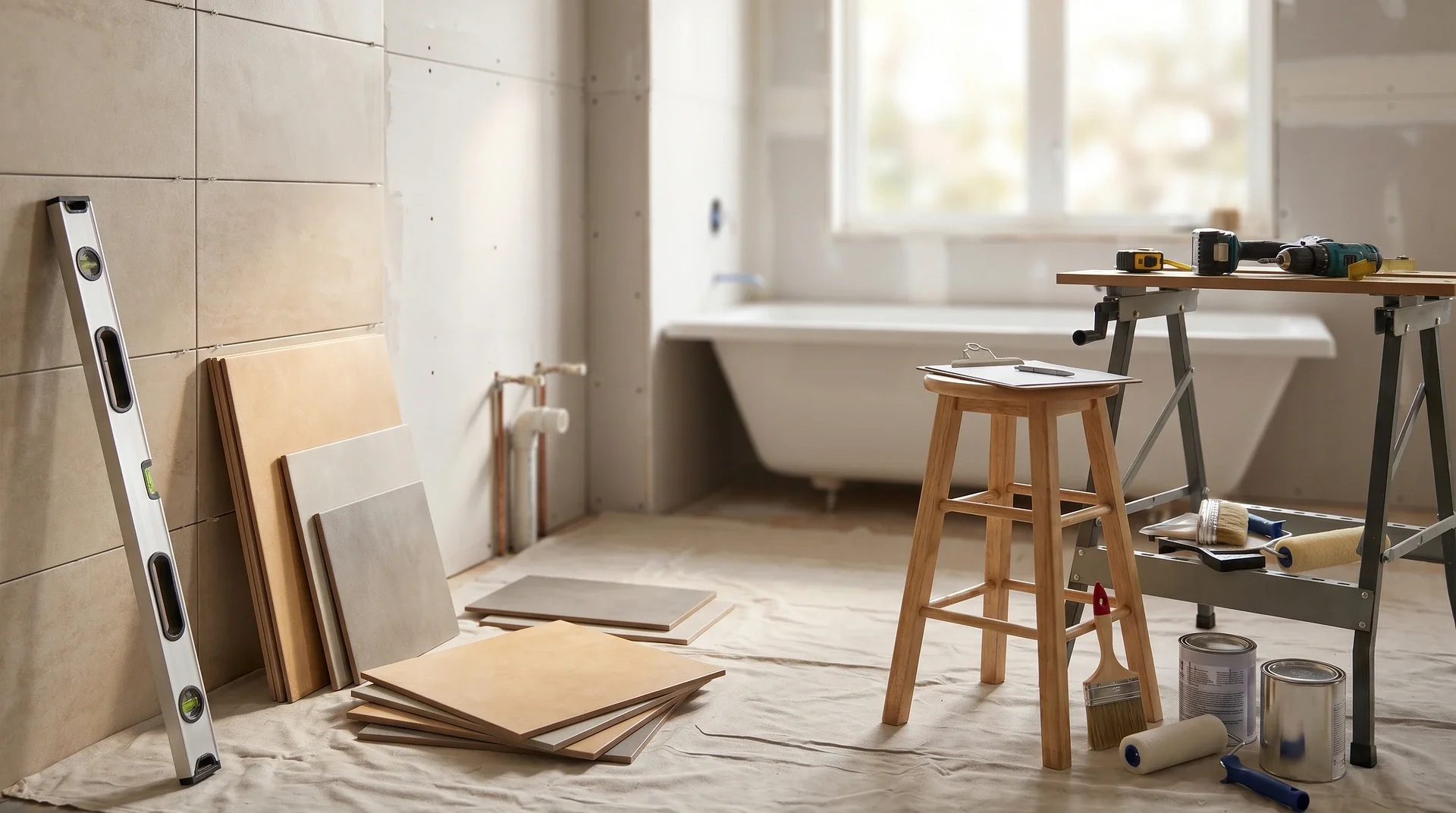 Renoveringsrum med kaklade väggar, verktyg, träpall och badkar vid fönster.