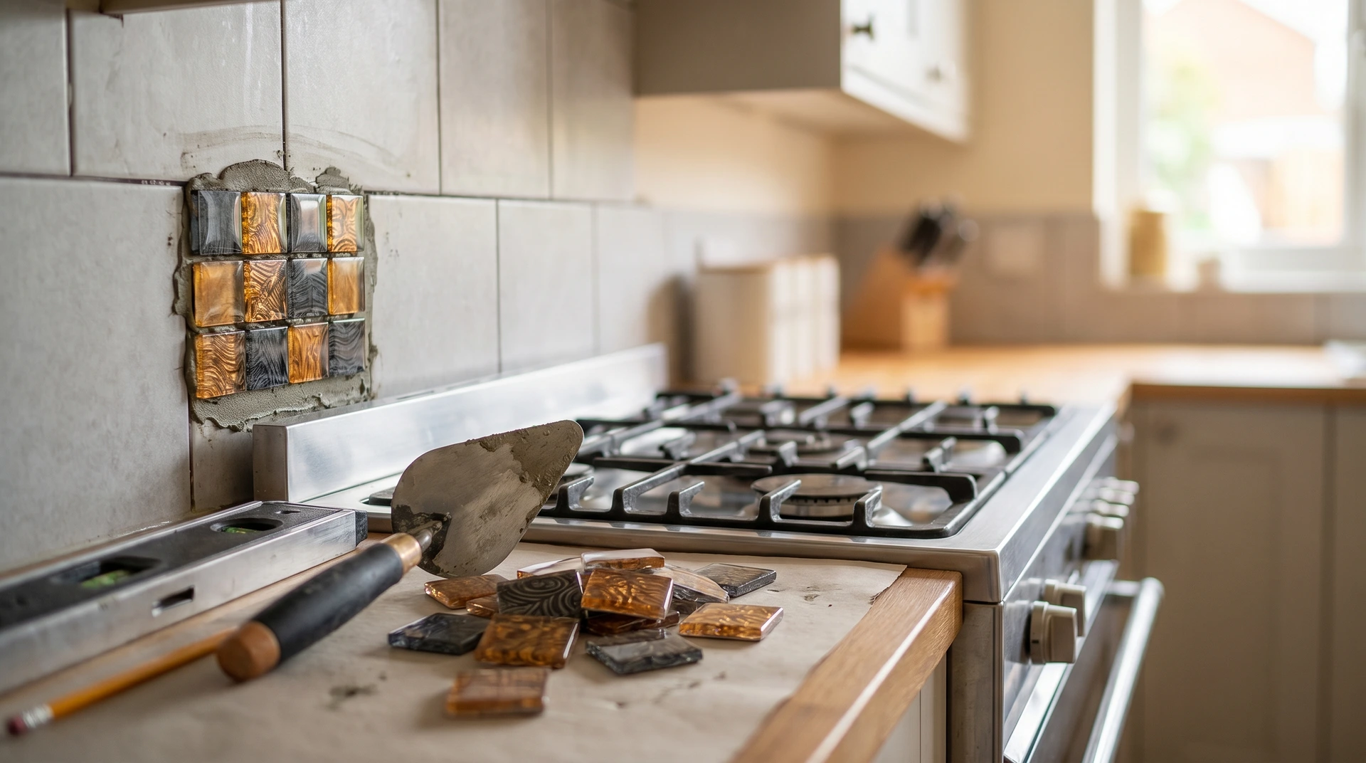 Kakelrenovering i kök med färgglada dekorativa kakelplattor och verktyg.