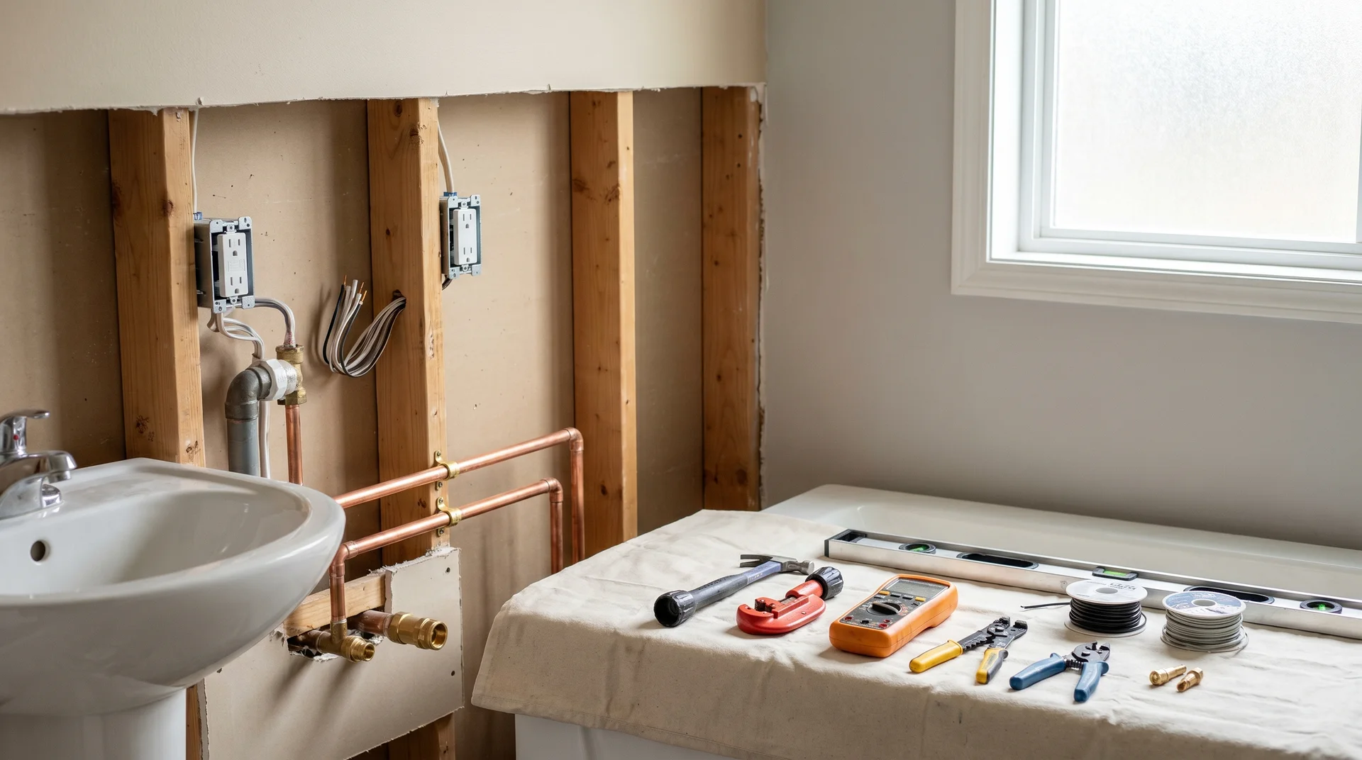 Badrummet under renovering med synliga rör och verktyg på bänk.