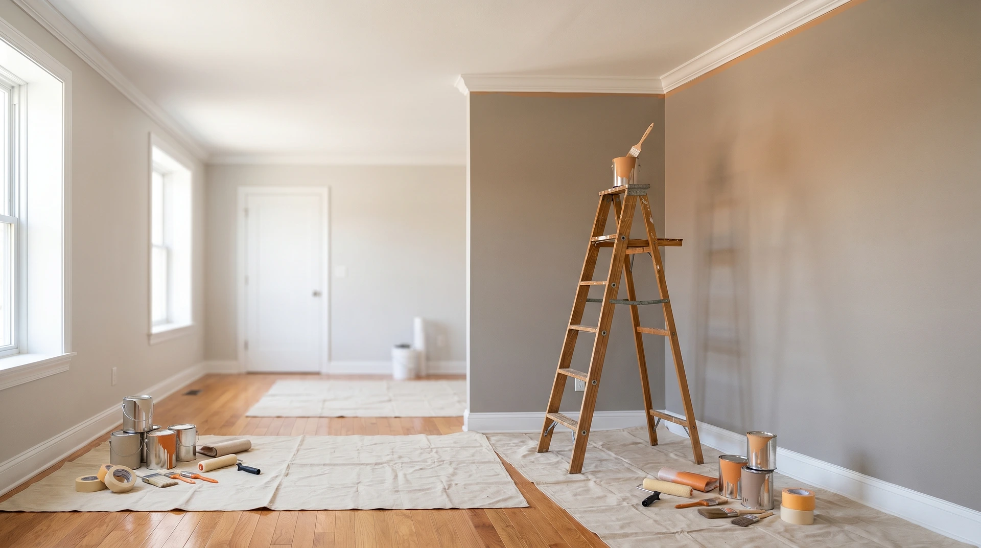Rum under målning med stege, målarfärg och penslar på golvet.