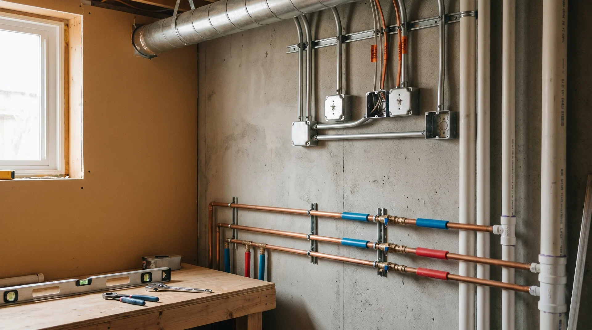 Rörsystem med kopparrör och ventiler monterade på betongvägg i byggarbetsplats.