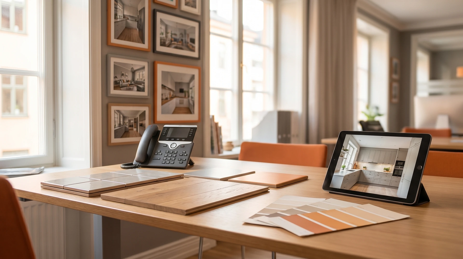 Skrivbord med materialprover, surfplatta och telefon i ljust designkontor.