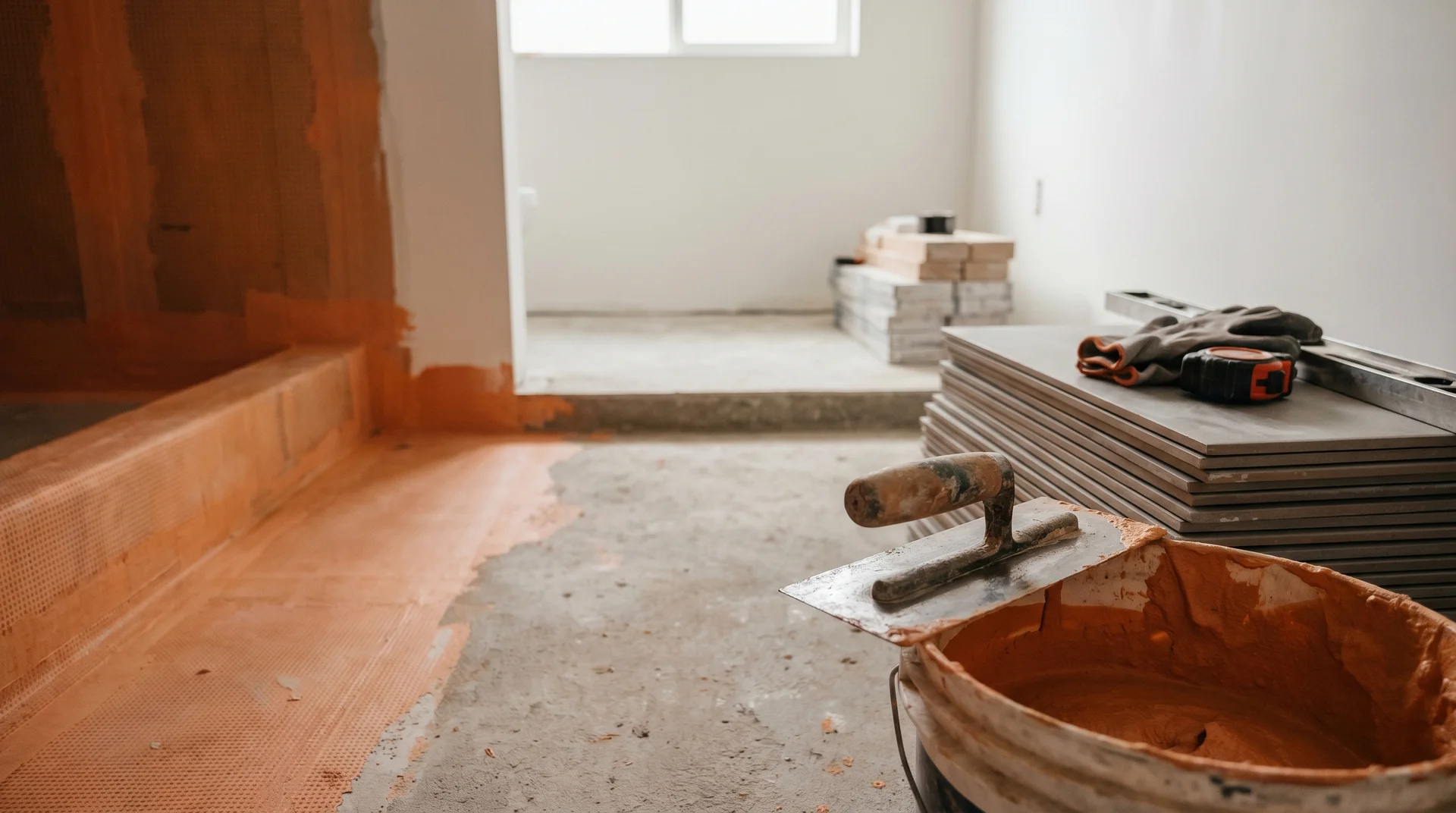 Renovering pågår med verktyg, kakel och byggningsmaterial i tomt rum.