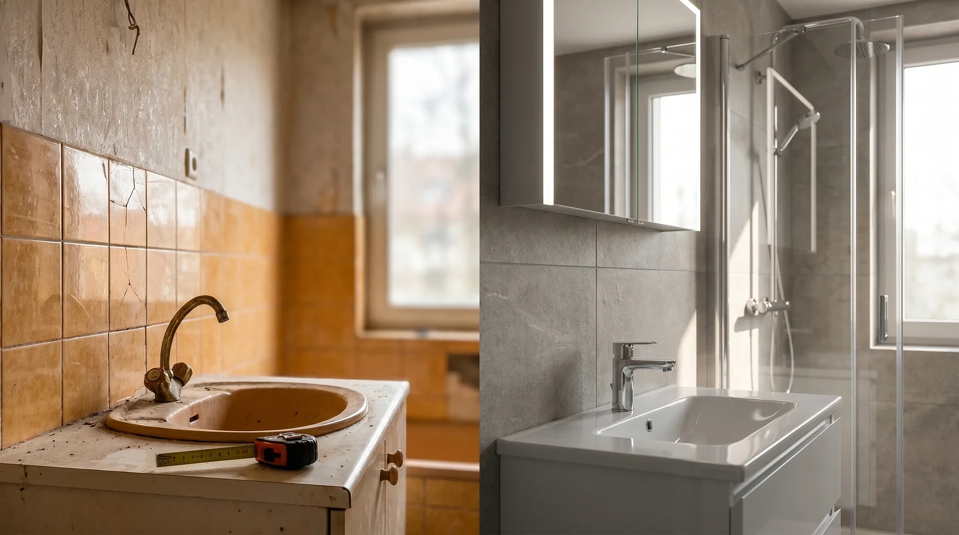 Badrumsrenovering före och efter, från gammalt till modernt badrum.