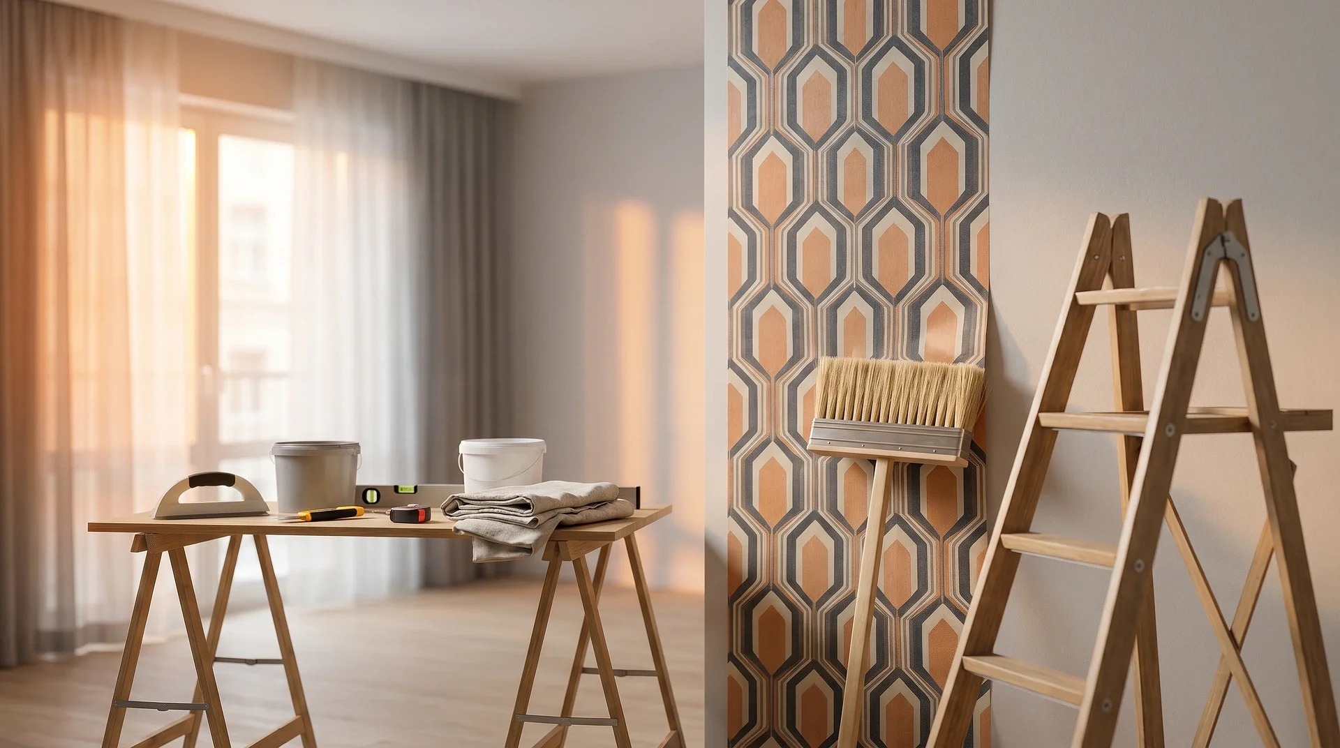 Renovering pågår med tapetsering, verktyg på bord och stege i rum.