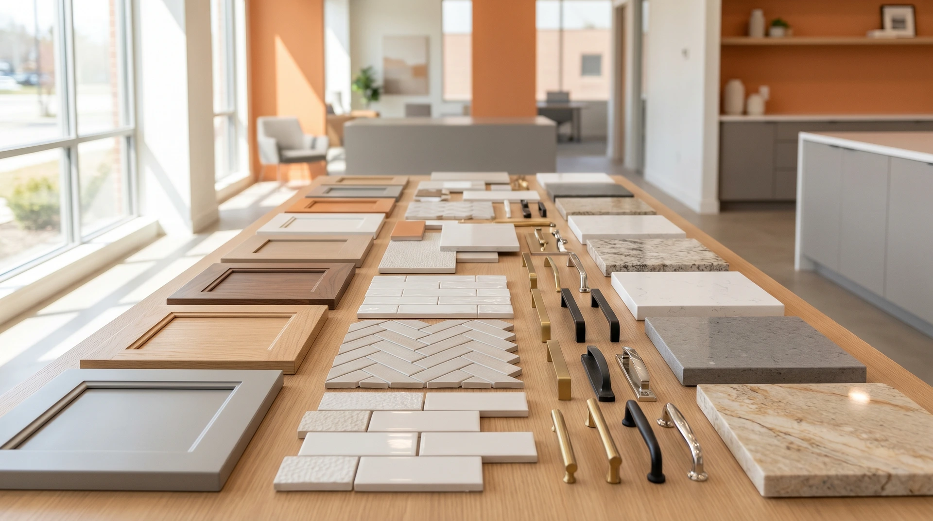 Materialprover för kök och badrum utlagda på ett träbord i showroom.