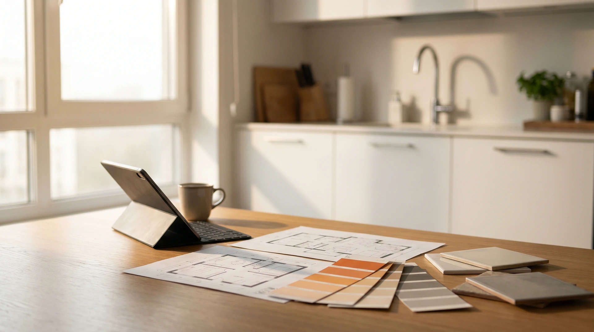 Ritningar och färgprover på köksbordet vid laptop och kaffekopp