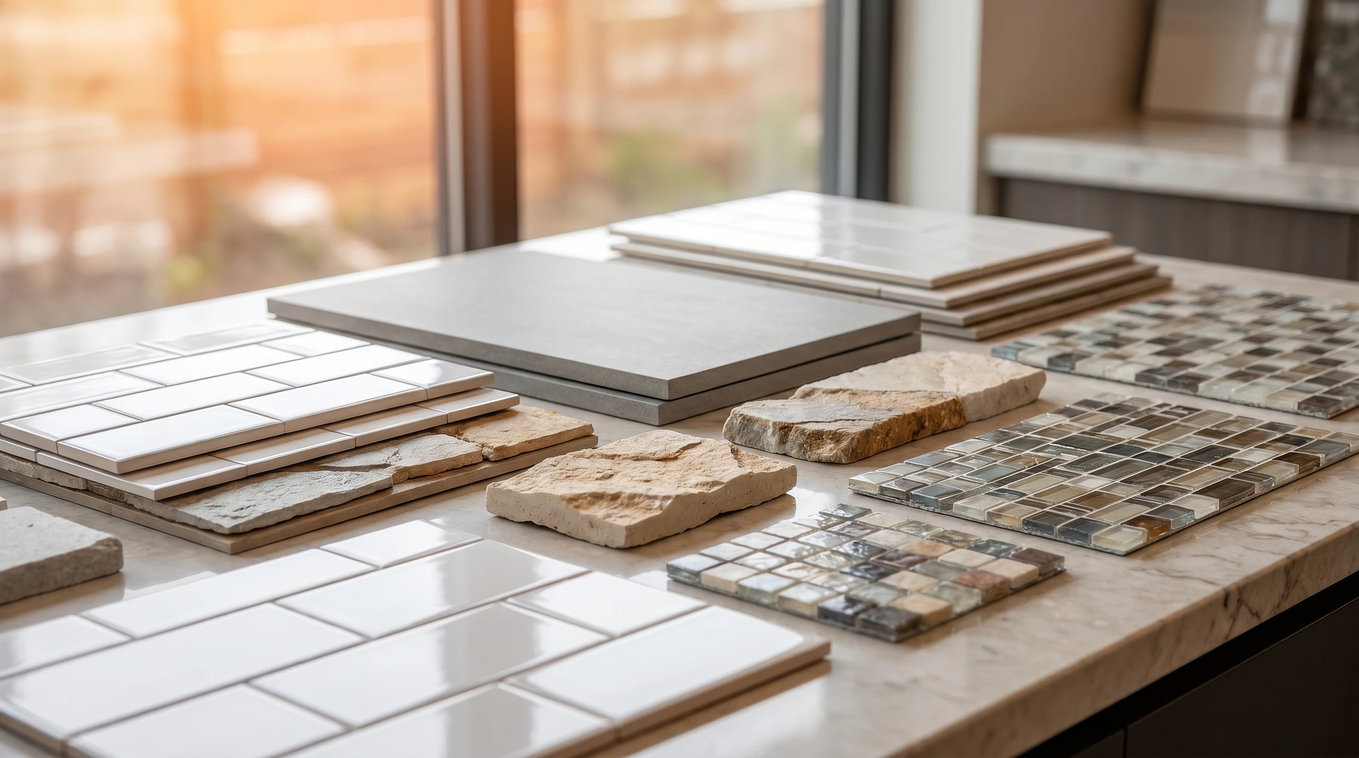 Materialprover av kakel, klinker och mosaik upplagda på bord vid fönster.