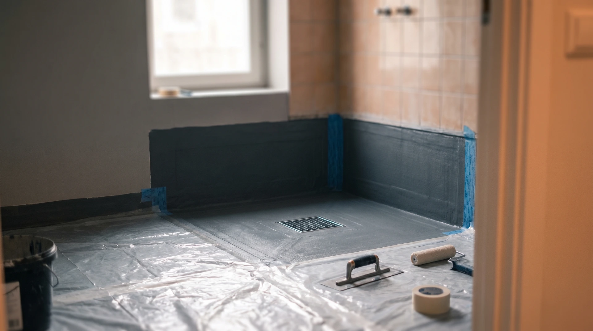 Badrumsrenovering med vattentät membran på golv och väggar under pågående arbete.
