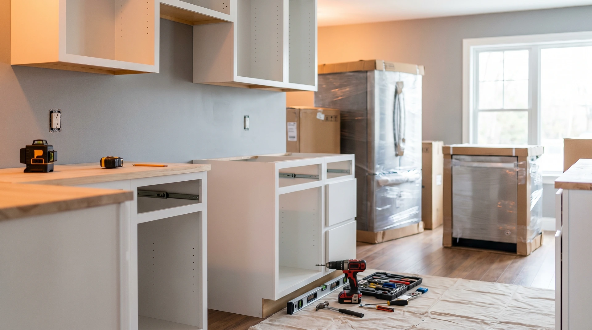 Kök under renovering med oinstallerade skåp, verktyg och inplastade vitvaror.