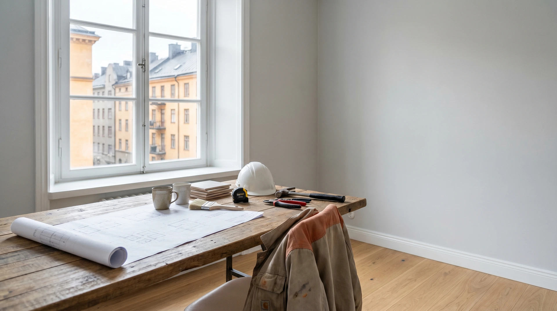 Byggarbetsplats med ritningar, verktyg och hjälm vid fönster i tomt rum.