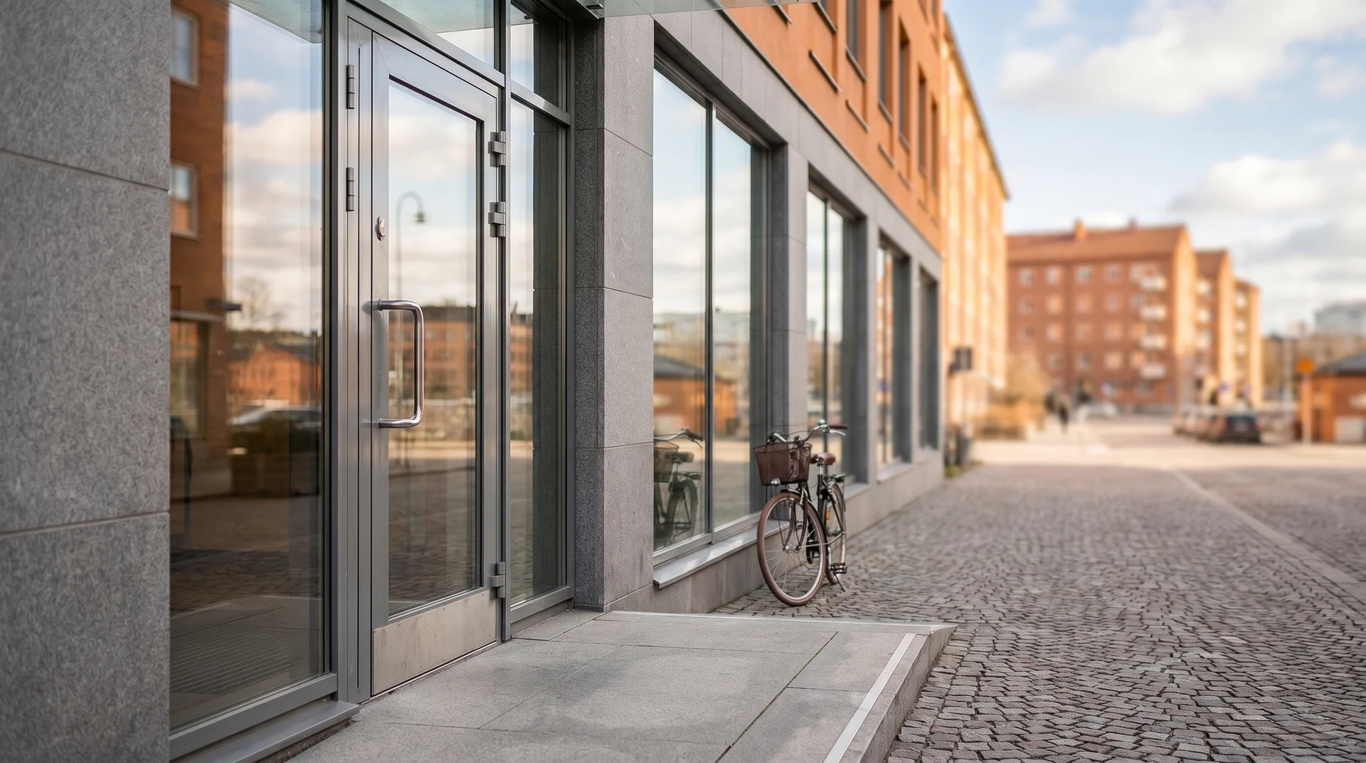 Modern kontorsbyggnad med glasdörr och cykel utanför på kullerstengsgata.