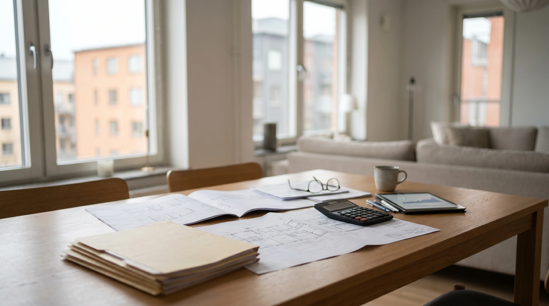 Skrivbord med ritningar, miniräknare, glasögon och kaffekopp vid fönster.