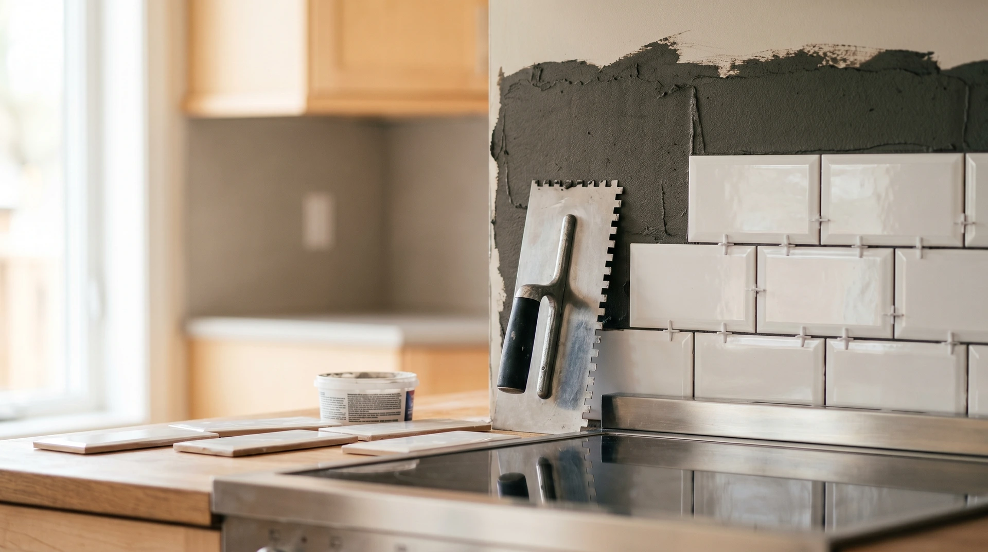 Kakel läggs på vägg med verktyg och material på bänk