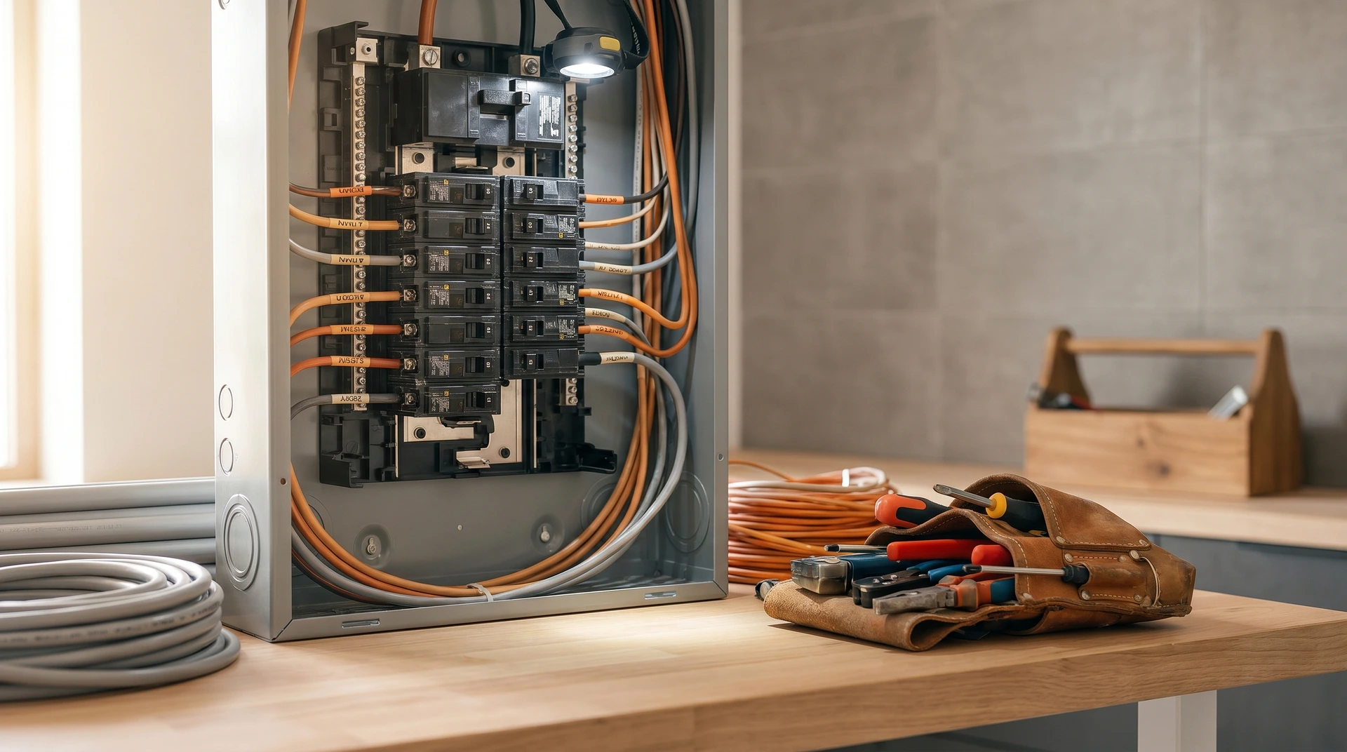 Öppen elcentral med brytare och orange kablar, verktyg bredvid på bänk.
