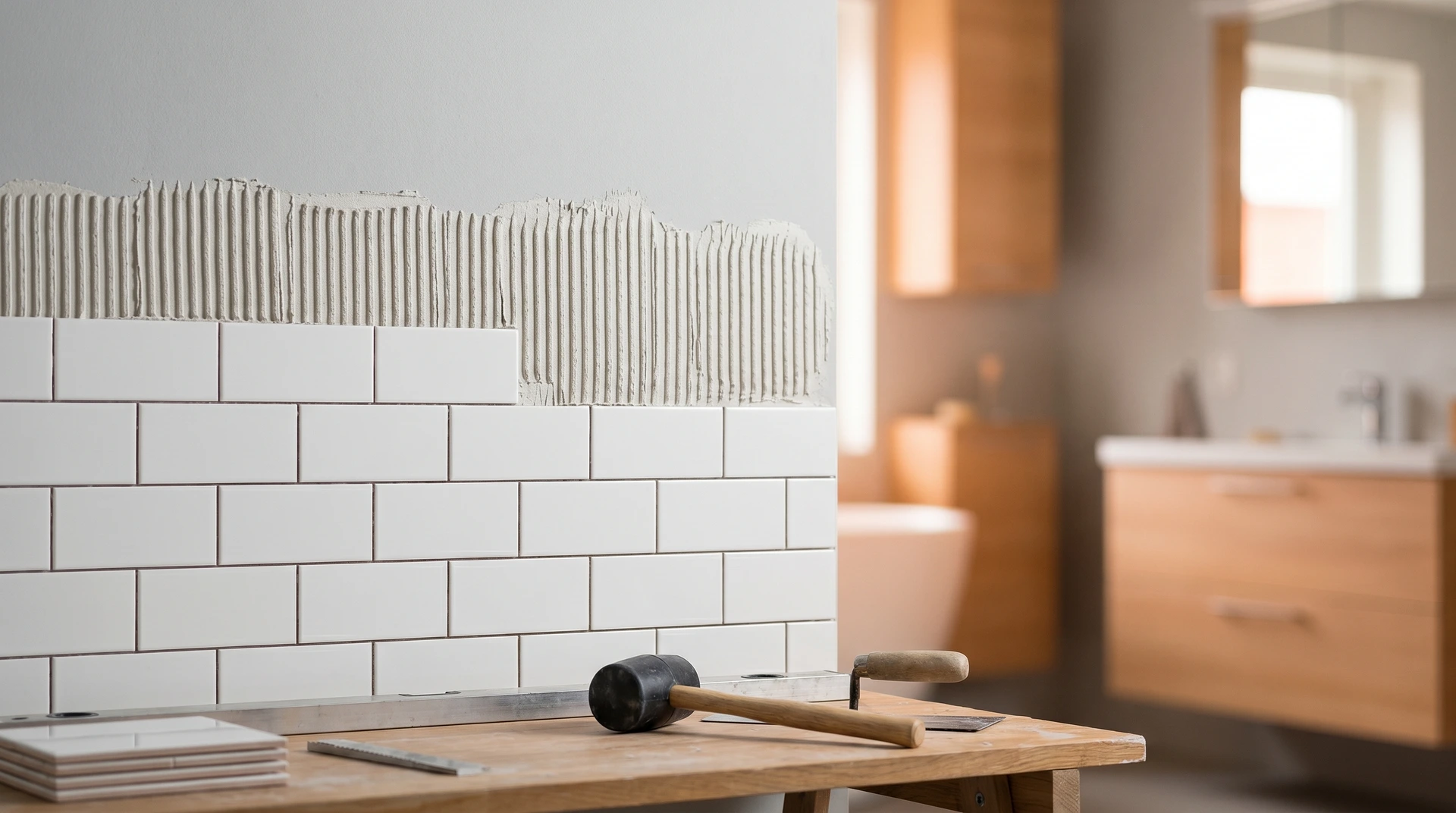 Vit kakelvägg under installation med verktyg på träbord i badrum.
