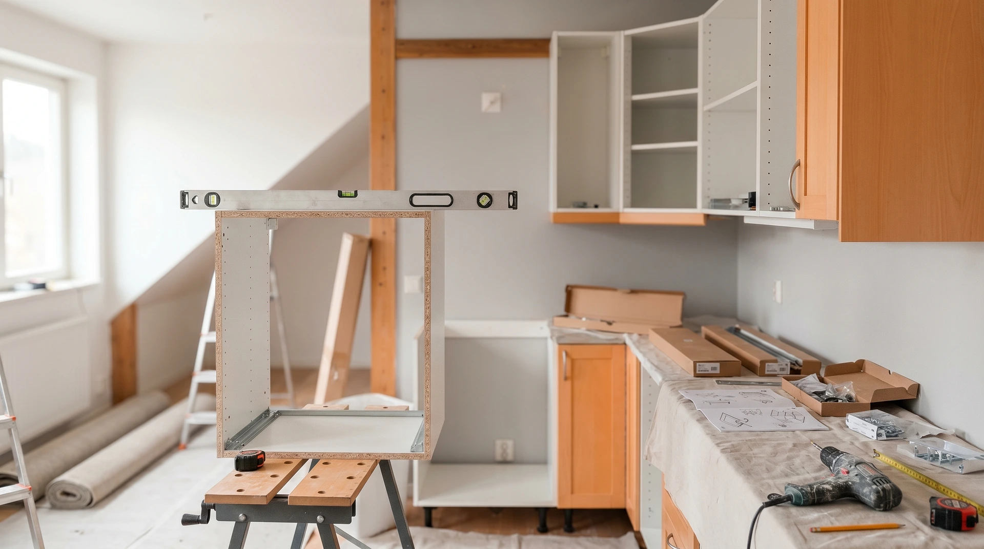 Kök under renovering med öppna skåp, verktyg och vattenpass på bänk.