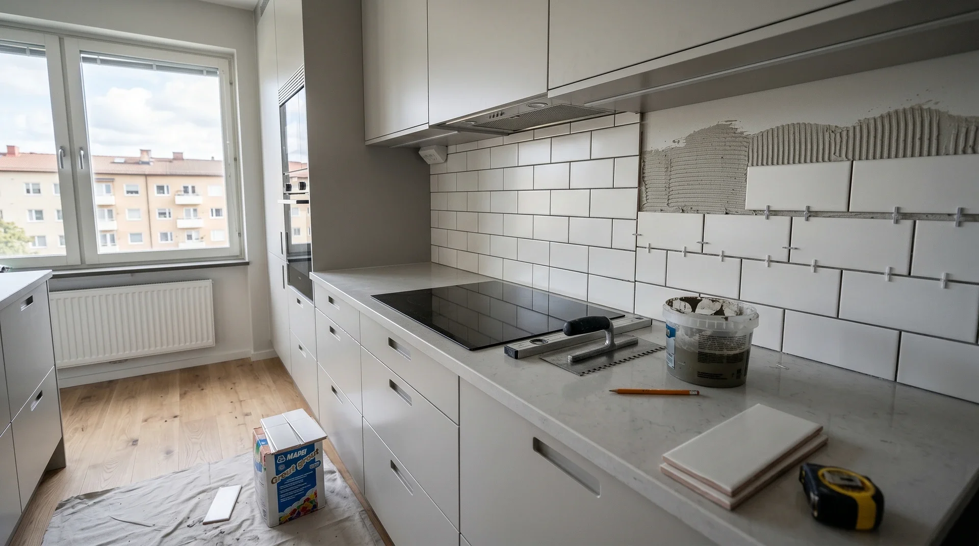 Kök under renovering med delvis kaklade vita väggar och verktyg på bänken.
