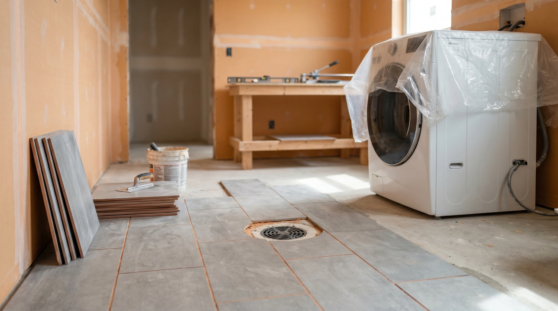 Tvättmaskin och kakel under renovering i ofärdigt rum