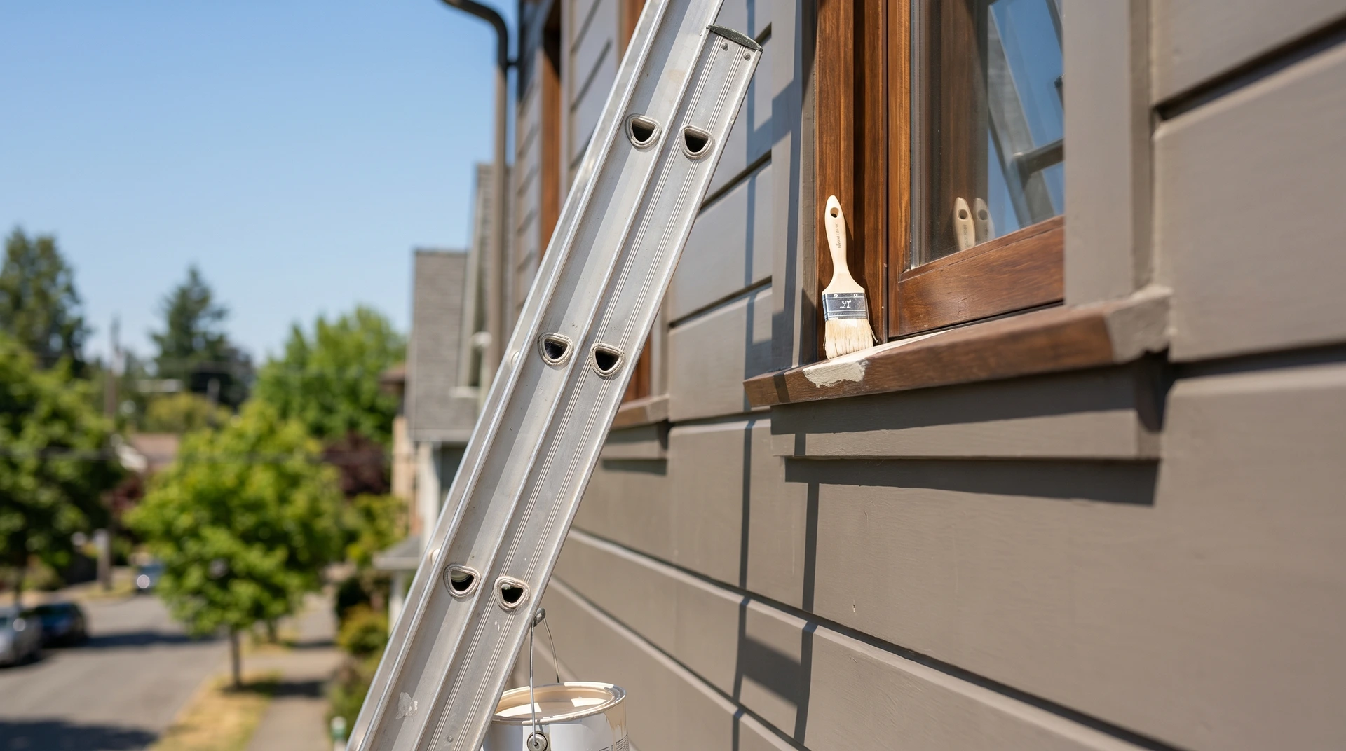 Målarpenslar vilar på träfönster med stege mot husfasad
