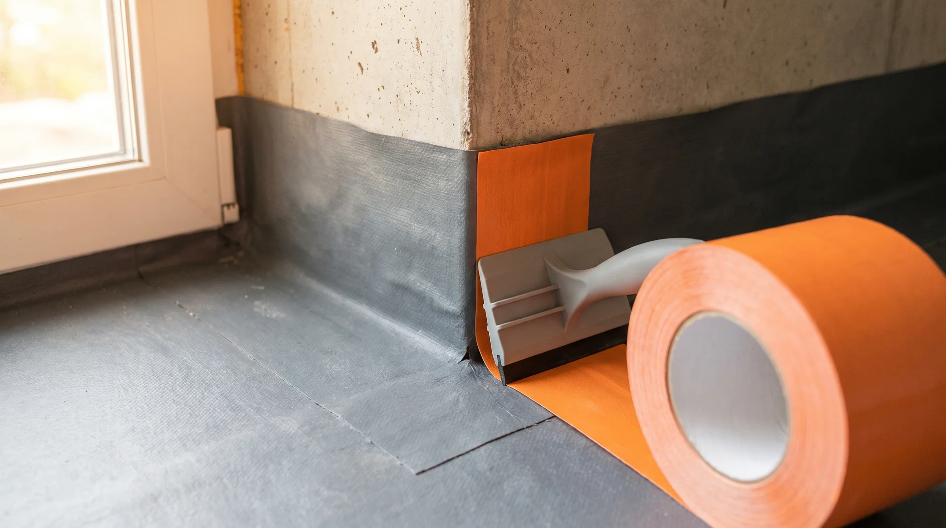 Grå tätningsremsa och orange tejp vid vägg under renovering.