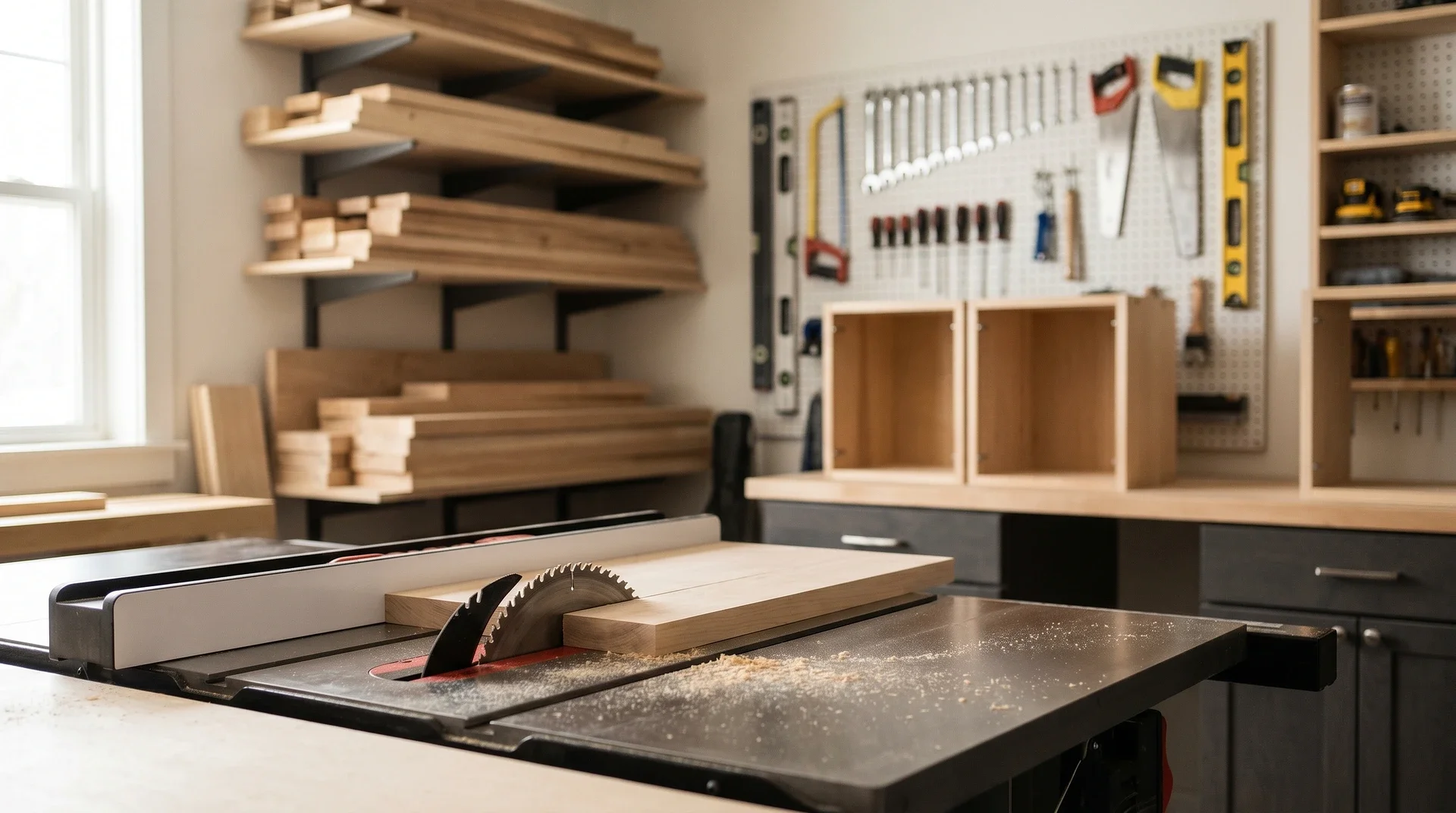 Snickarverkstad med bordssåg, träplankor och verktyg på vägg