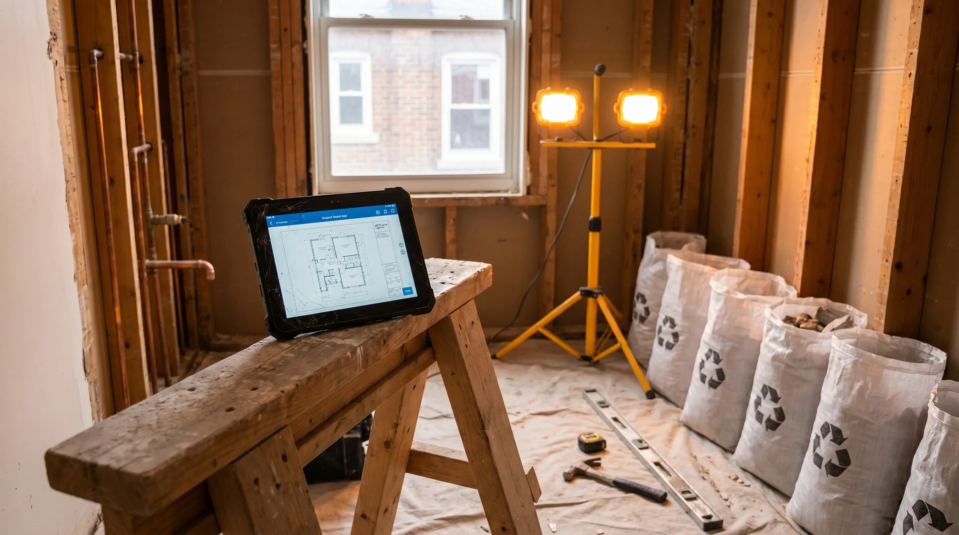 Platta med ritningar på träbock i rum under renovering