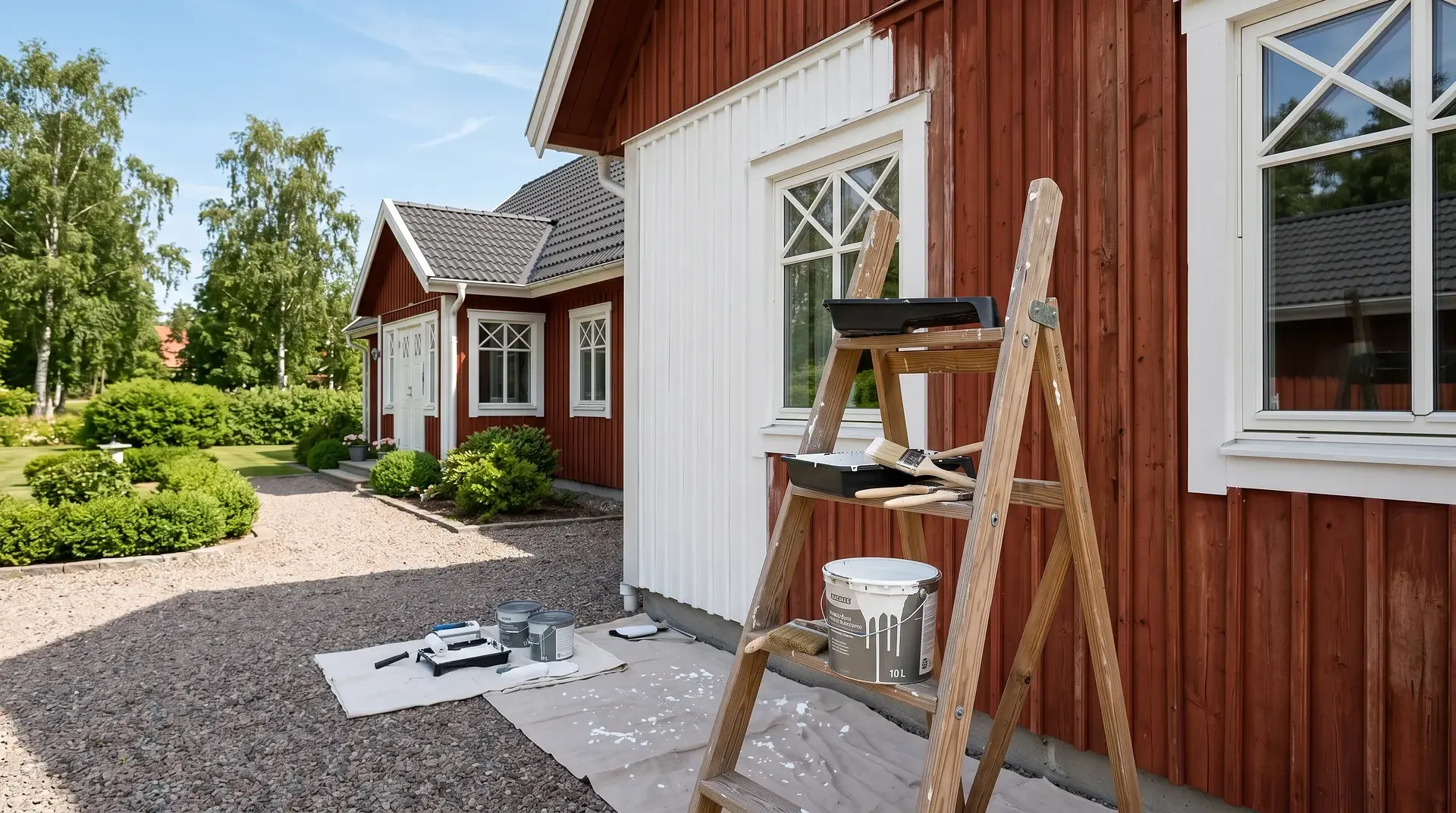 Målningsarbete pågår vid rödvitt trähus med målarfärg och stege.