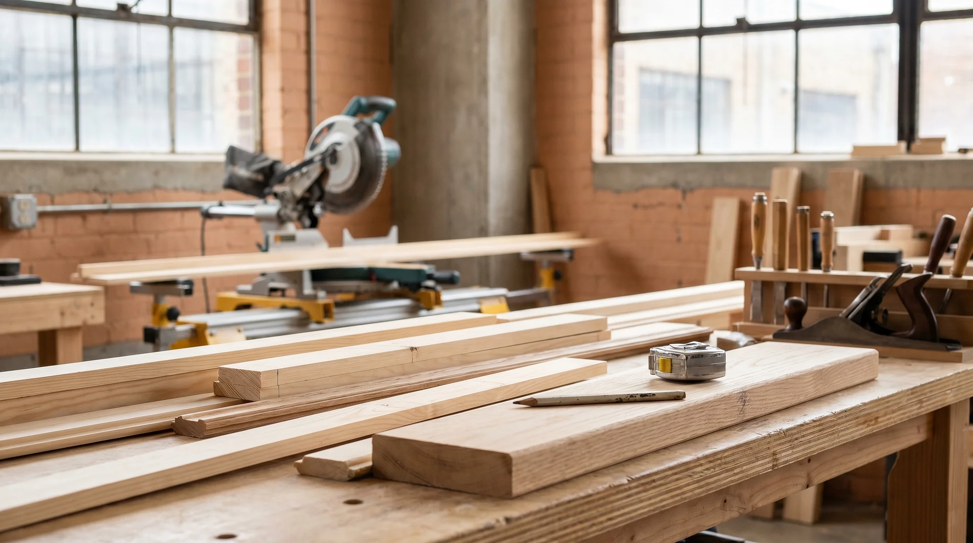 Snickeriverkstad med träplankor, verktyg och kapmaskiner vid fönster.